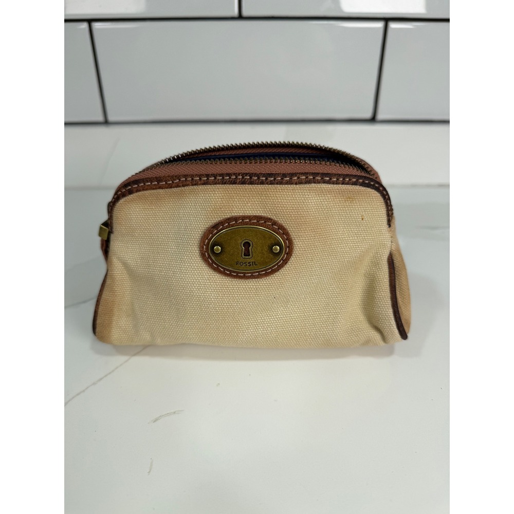 Fossil Canvas Embroidered Bird Floral Cosmetic Bag Beige Brown Keyhole Pouch